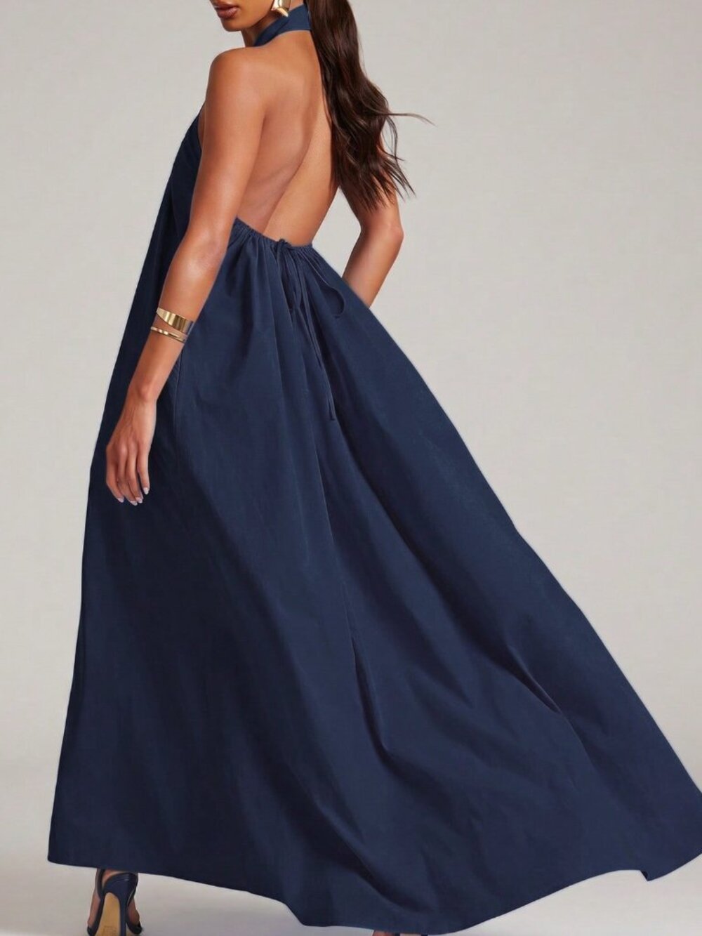 Navy Blue Elegant Women's Halter Neck Backless Ruched Casual Party Dress - Picture 2 of 6